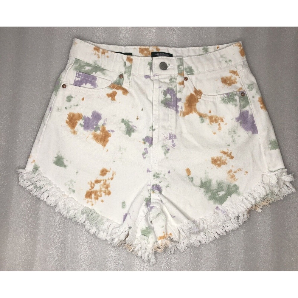 Wild Fable Highest Rise Denim Shorts with Fringe Size 2 White Tie Dye Button Fly - Picture 2 of 16
